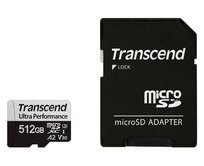 Transcend 512GB microSDXC 340S UHS-I U3 V30 A2 3D TLC (Class 10) paměťová karta (s adaptérem), 160MB/s R, 125MB/s W