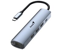 Genius UH-545 USB Hub, externí, USB-C na 3× USB 3.0, 1× USB-C, RJ-45 Gigabit Ethernet, 15cm, šedý