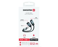 SWISSTEN NABÍJECÍ AUDIO ADAPTÉR TEXTILE USB-C (samec) / 2x USB-C (samice) 0,12 M ČERNÝ