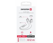 SWISSTEN NABÍJECÍ AUDIO ADAPTÉR TEXTILE USB-C (samec) / USB-C (samice) a 3,5mm AUX 0,12 M BÍLÝ