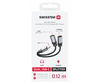 SWISSTEN NABÍJECÍ AUDIO ADAPTÉR TEXTILE USB-C (samec) / USB-C (samice) a 3,5mm AUX 0,12 M ČERNÝ