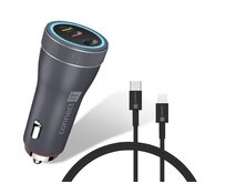 CONNECT IT InCarz DUPLEX nabíječka do auta, 2x USB-C, 1x Lightning, ANTRACITOVÁ