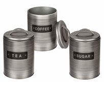 Kulatá kovová dóza stříbrné barvy, dóza na kávu, čaj a cukr