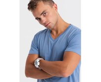 Pánské klasické bavlněné tričko s výstřihem BASIC modré Modrá, L