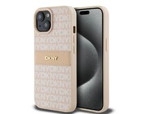 Originální kryt DKNY Leather Mono Stripe & Metal Logo DKHCP15SPRTHSLP for Apple iPhone 15/14/13 , barva růžová