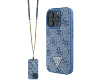 Originální kryt GUESS Leather Metal Logo Strass Crossbody GUHCP16LP4TDSCPB for Apple iPhone 16 Pro , barva modrá