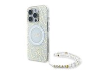 Originální kryt GUESS IML Flowers Allover Electro with Pearl Strap Magsafe GUHMP16XHCPOFPH for Apple iPhone 16 Pro Max , barva bílá