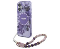 Originální kryt GUESS IML Flowers with Pearl Strap Magsafe GUHMP16SHFWBRCESU for Apple iPhone 16 , barva fialová