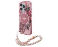 Originální kryt GUESS IML Flowers with Pearl Strap Magsafe GUHMP16XHFWBRCESP for Apple iPhone 16 Pro Max , barva růžová