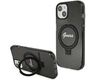 Kryt Guess GUHMP13MHRSGSK Apple iPhone 13 / 14 / 15 hardcase Ring Stand Script Glitter MagSafe black