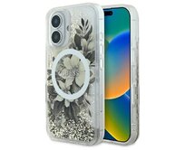 Kryt Guess GUHMP16SLFMWTE Apple iPhone 16 hardcase Liquid Glitter Flower MagSafe beige