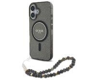 Kryt Guess GUHMP16SHGCRELSK Apple iPhone 16 hardcase IML Glitter With Pearl Strap MagSafe black