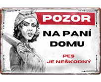 Plechová retro cedule / plakát  - Pozor na paní domu II Provedení:: Papírový obraz v rámu A4