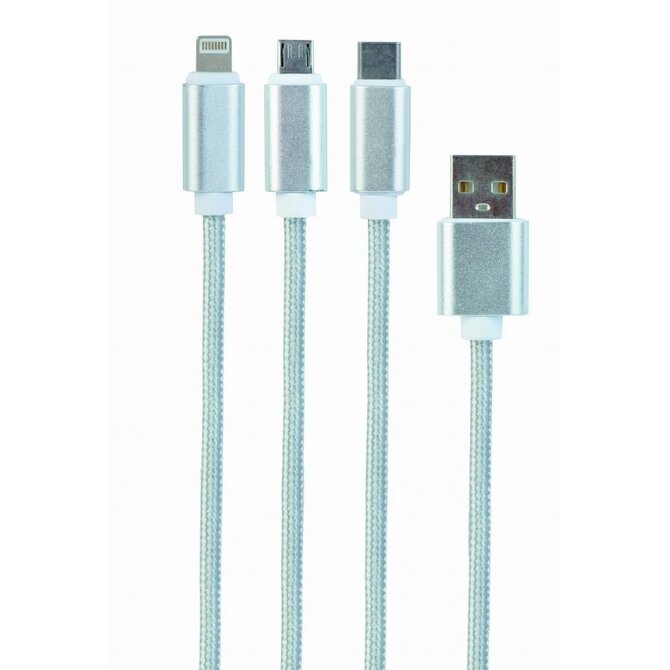 GEMBIRD CABLEXPERT Kabel USB A Male/Micro USB + Type-C + Lightning, 1m, opletený, stříbrný, blister