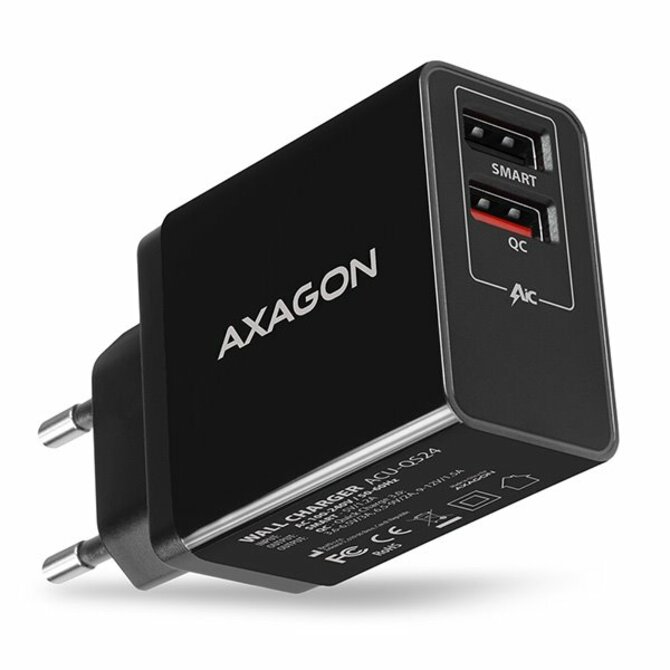 AXAGON ACU-QS24, QUICK a SMART nabíječka do sítě, 2x USB port QC3.0/AFC/FCP + 5V-1.2A, 24W