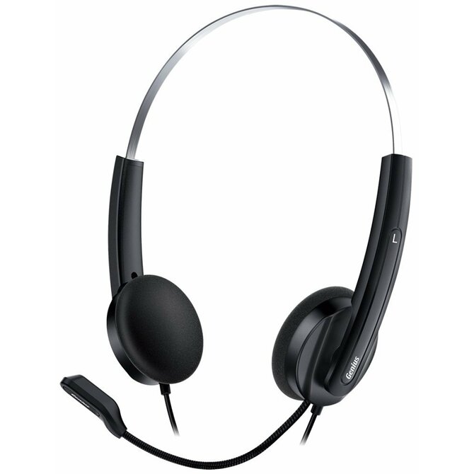 Genius HS-220U , Headset, náhlavní, drátový, s mikrofonem, ovládání hlasitosti, USB, černo-stříbrný