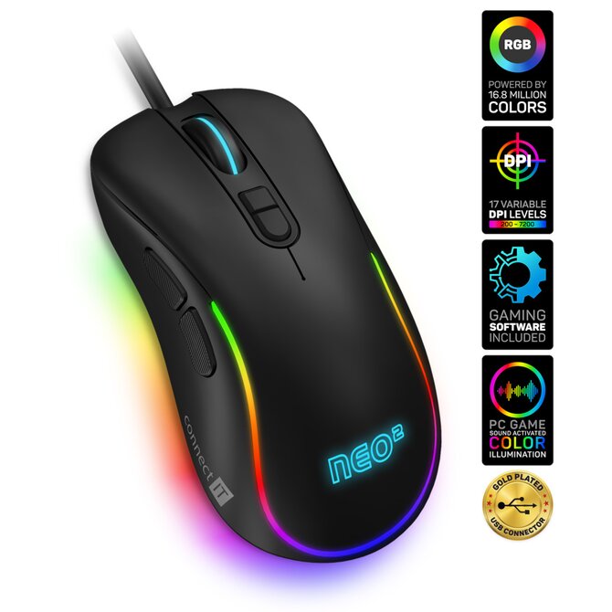 CONNECT IT NEO 2 herní myš+SW, 7200 DPI,RGB podsvícení, USB, ČERNÁ