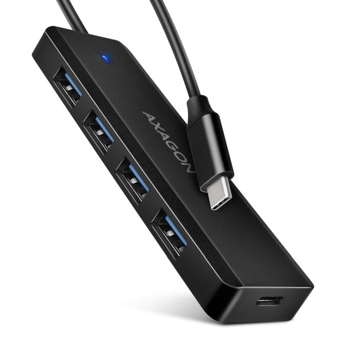 Axagon HUE-C1C cestovní čtyřportový USB-C 5Gbps hub/USB-C konektor pro externí napájení/kabel 19 cm