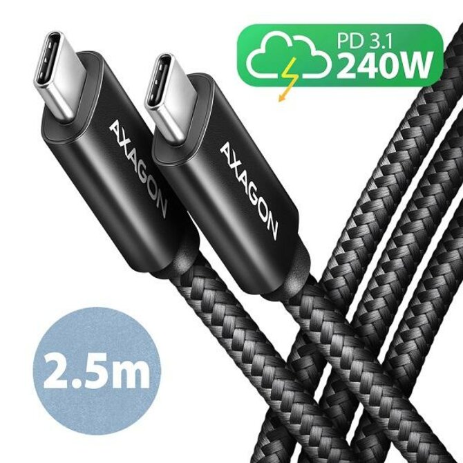 AXAGON BUCM2-CM25AB, CHARGE kabel USB-C <-> USB-C, 2,5m, Hi-Speed USB, PD 240W 5A, ALU, oplet, černý