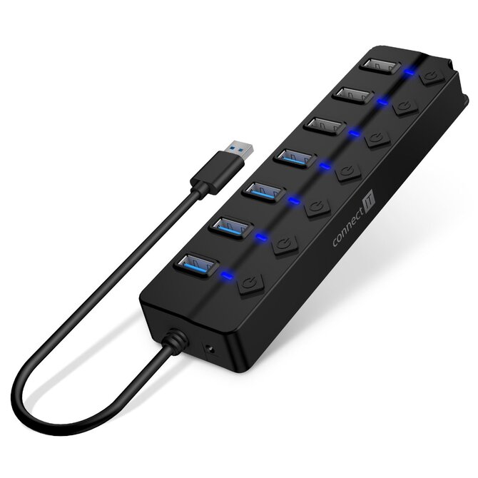 CONNECT IT Mighty Switch 2 USB-A hub, (4xUSB-A 3.0, 3xUSB-A 2.0), externí, ČERNÝ