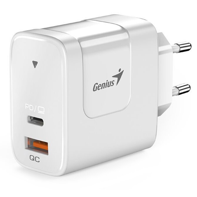 Genius PD-65AC, Napájecí adaptér, univerzální, 65W, 1× USB-C, 1× USB, PD 3.0, QC 3.0, bílý