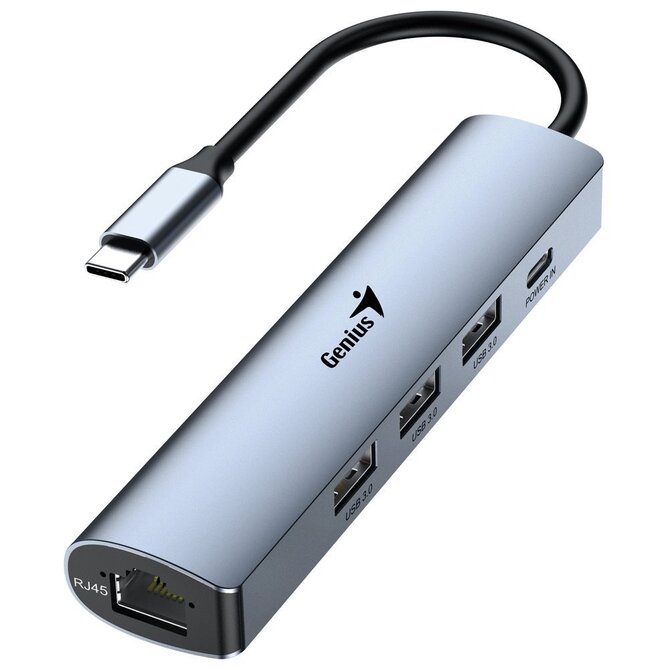 Genius UH-545 USB Hub, externí, USB-C na 3× USB 3.0, 1× USB-C, RJ-45 Gigabit Ethernet, 15cm, šedý