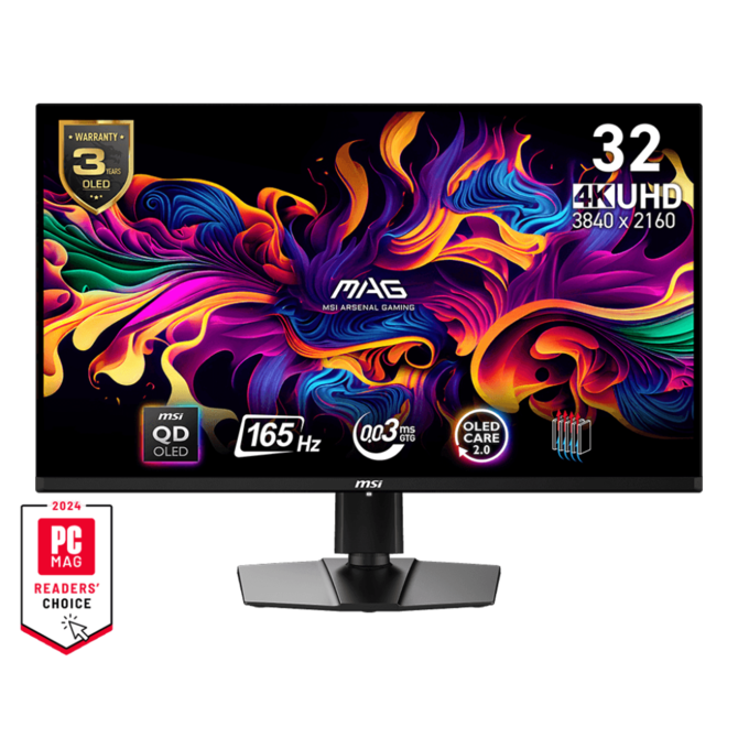 MSI Gaming monitor MAG 321UP QD-OLED, 31,5" QD-OLED/3840x2160 (UHD)/165Hz/0,03ms/2xHDMI/DP/USB-C/výškově nastavitelný,pivot/černá