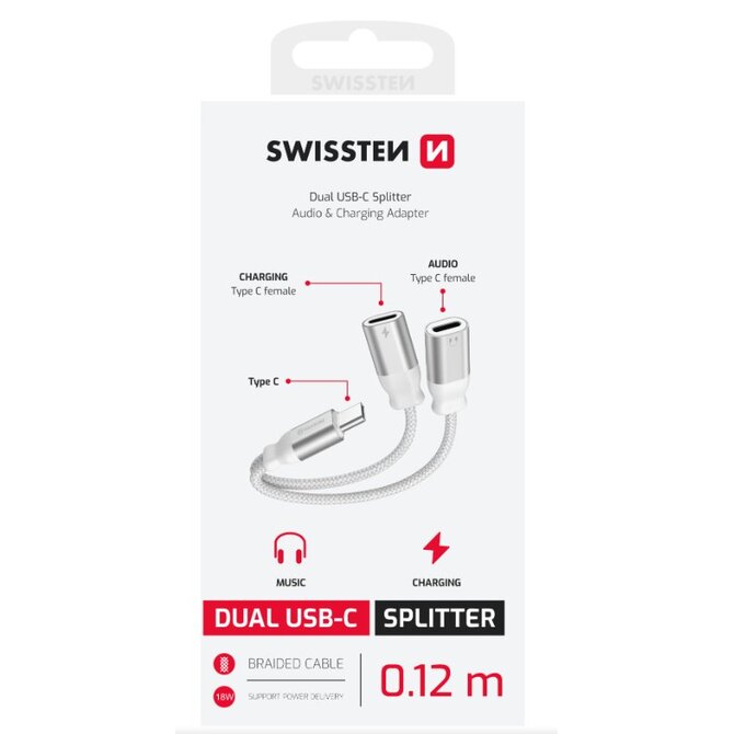 SWISSTEN NABÍJECÍ AUDIO ADAPTÉR TEXTILE USB-C (samec) / 2x USB-C (samice) 0,12 M BÍLÝ