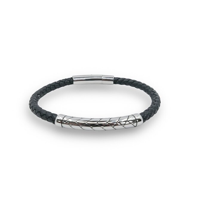 Bangles.cz Pánský kožený náramek s ocelovým prvkem 2500 černá, 21 cm, kůže