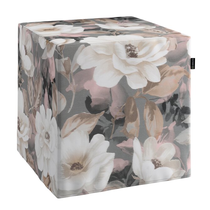 Dekoria Sedák Cube - kostka pevná 40x40x40, krémové a růžové květy na šedém podkladu, 40 x 40 x 40 cm, Gardenia, 142-13