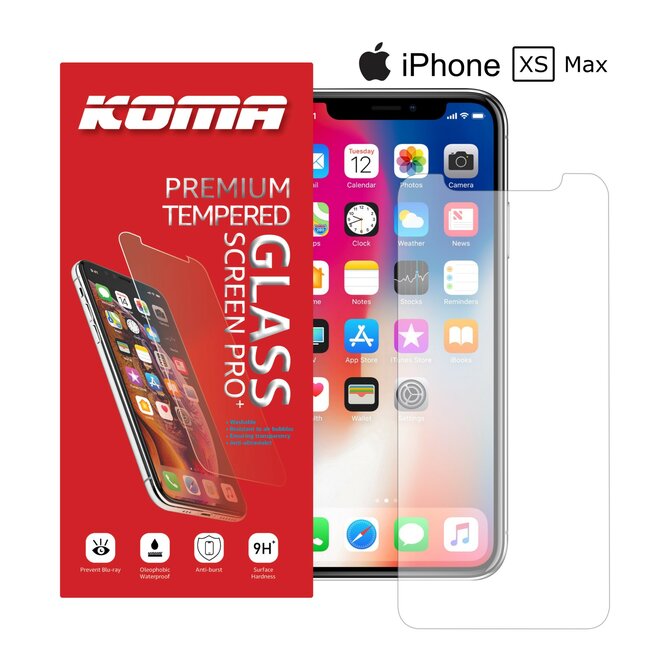 KOMA Ochranné tvrzené sklo pro iPhone XS Max, zaoblení 2.5 D, tvrdost 9H