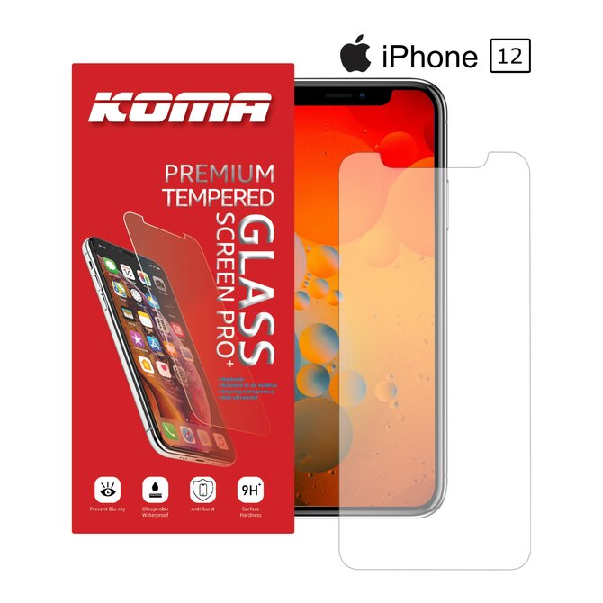 KOMA Ochranné tvrzené sklo pro iPhone 12, zaoblení 2.5 D, tvrdost 9H