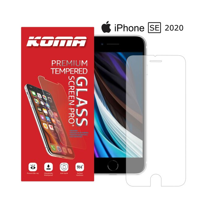 KOMA Ochranné tvrzené sklo pro iPhone SE 2020, zaoblení 2.5 D, tvrdost 9H