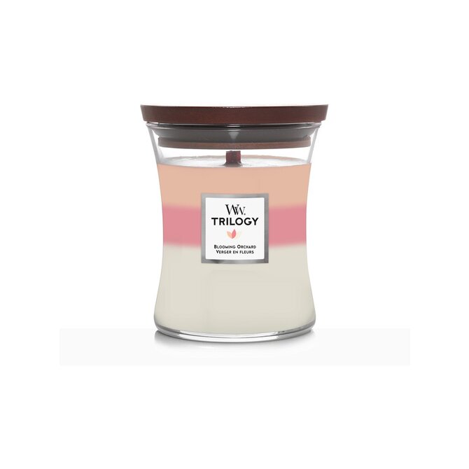 WoodWick vonná svíčka s dřevěným knotem střední Blooming Orchard 275g Růžová