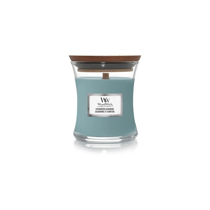 WoodWick vonná svíčka s dřevěným knotem malá Evergreen Cashmere 85g Modrá