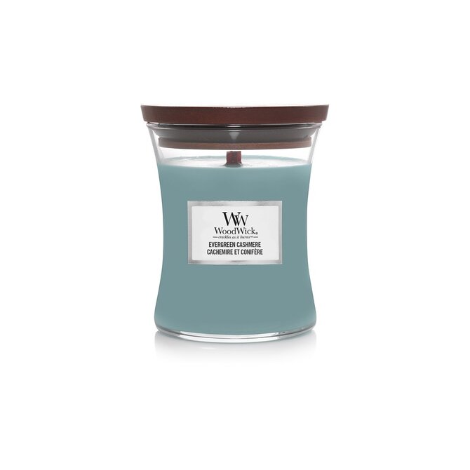 WoodWick vonná svíčka s dřevěným knotem střední Evergreen Cashmere 275g Modrá