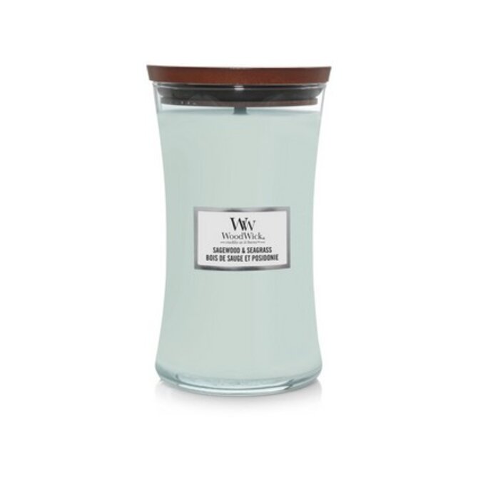 WoodWick vonná svíčka s dřevěným knotem velká Sagewood & Seagrass 609 g tyrkysová