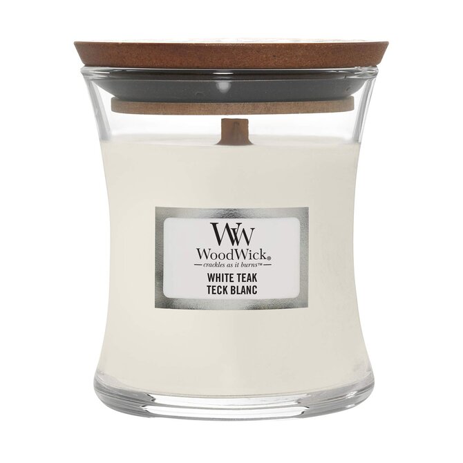 WoodWick vonná svíčka s dřevěným knotem malá White Teak 85 g Bílá