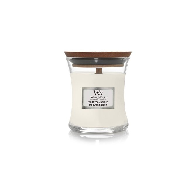 WoodWick vonná svíčka s dřevěným knotem malá White Tea & Jasmin 85 g Bílá