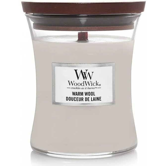 WoodWick vonná svíčka s dřevěným knotem malá Warm Wool 85 g Šedá