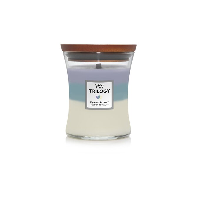 WoodWick vonná svíčka s dřevěným knotem Trilogy svíčka střední Calming Retreat 275 g Vícbarevná