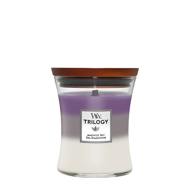 WoodWick vonná svíčka s dřevěným knotem Trilogy svíčka střední Amethyst Sky 275 g Vícbarevná