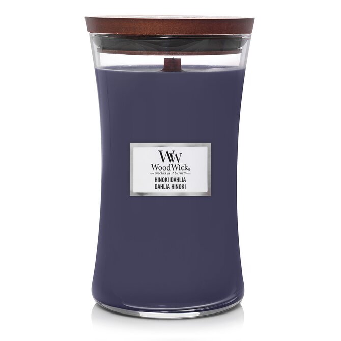 WoodWick vonná svíčka s dřevěným knotem velká Hinoki Dahlia 609 g Modrá