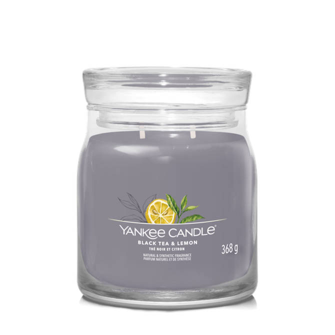 Yankee Candle vonná svíčka Signature ve skle střední Black Tea & Lemon 368g Šedá