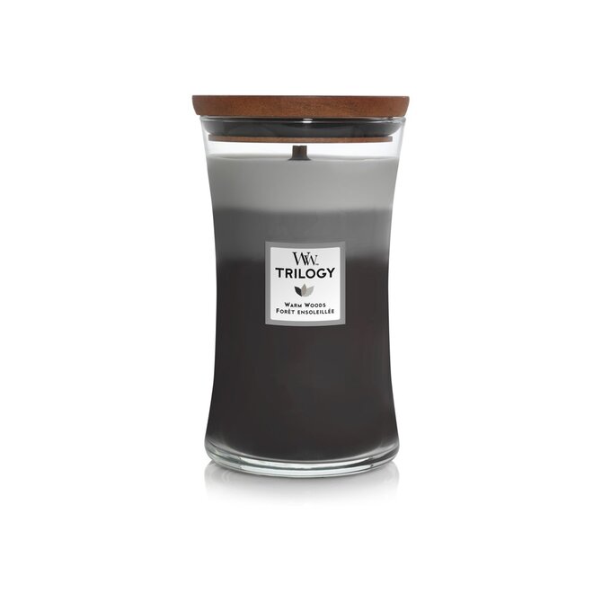 WoodWick vonná svíčka s dřevěným knotem velká Trilogy Warm Woods 609 g Černá