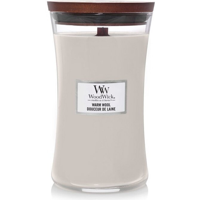 WoodWick vonná svíčka s dřevěným knotem velká Warm Wool 609 g Šedá