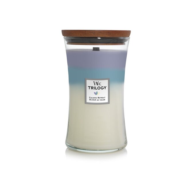 WoodWick vonná svíčka s dřevěným knotem Trilogy svíčka velká Calming Retreats 609 g Vícbarevná