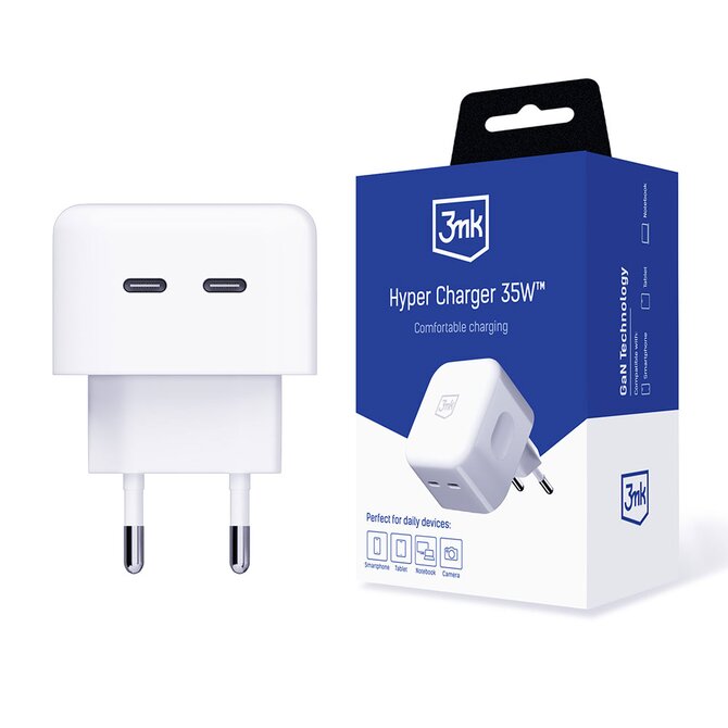 síťová nabíječka - Hyper Charger 35W, GaN, 2x USB-C (PD), bílá