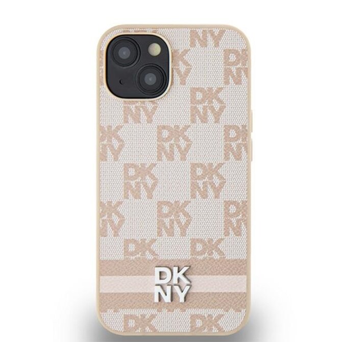 Originální kryt DKNY Leather Checke, barva červená Mono Pattern & Printed Stripes DKHCP15SPCPTSSP for Apple iPhone 15/14/13 , barva růžová