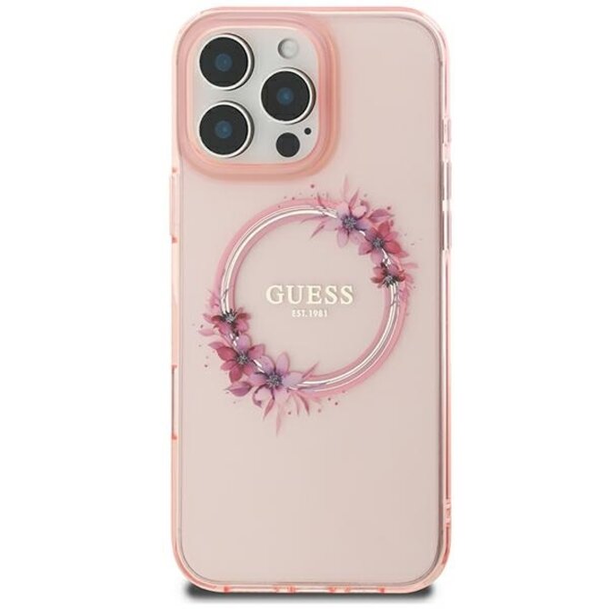 Originální kryt GUESS IML Flowers Wreath Magsafe GUHMP16SHFWFCP for Apple iPhone 16 , barva růžová